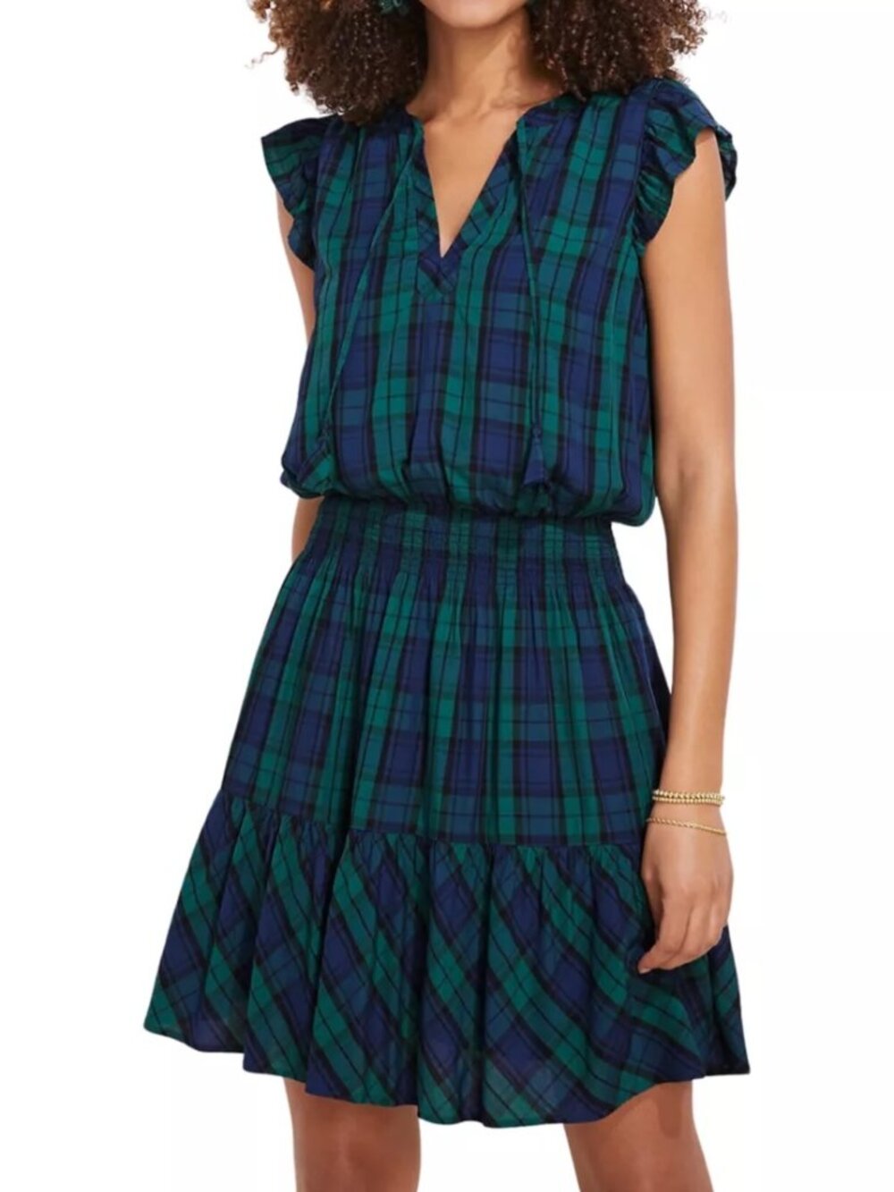 Vineyard Vines Plaid Tassel Dress Size Large Blue Green Smocked Waist Summer